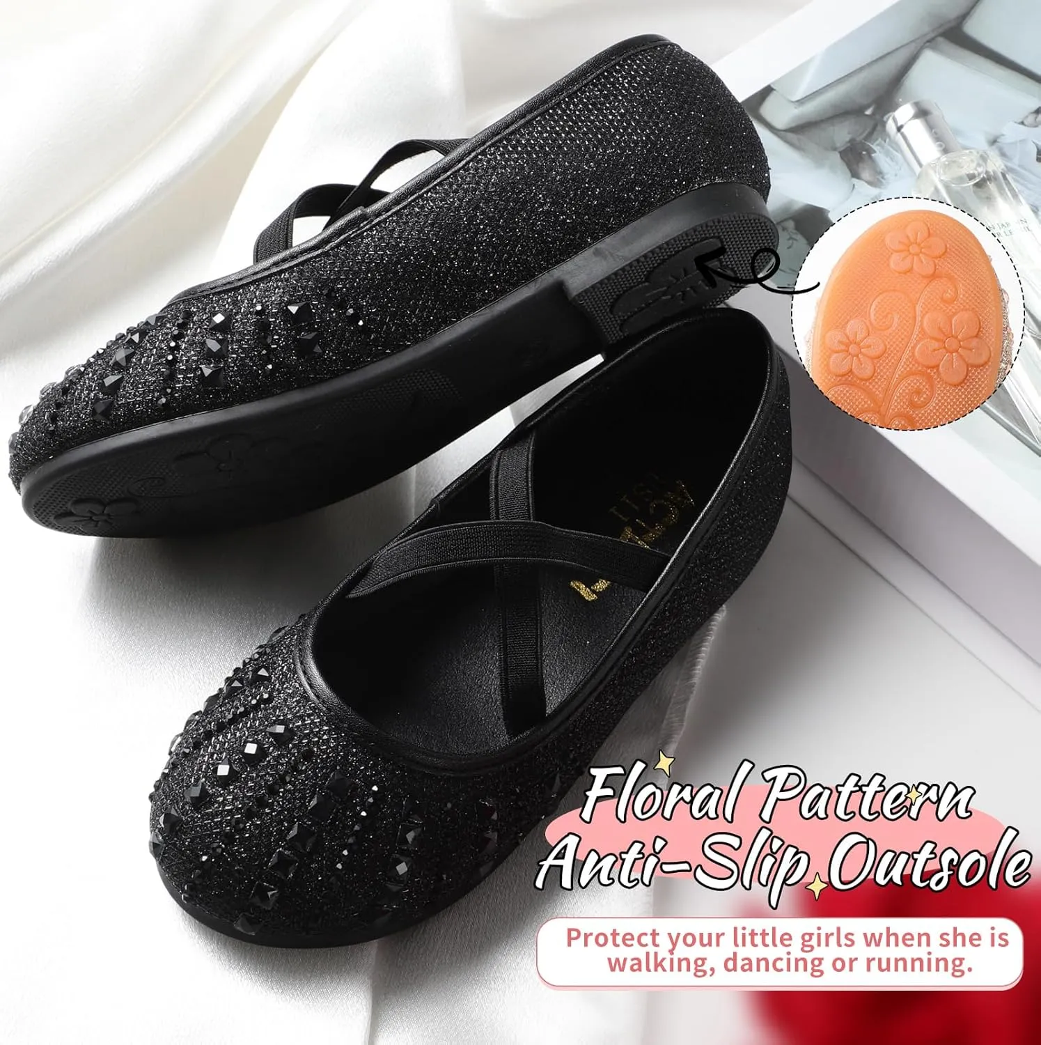 Toddler Girls Dress Shoes Sparkle Rhinestone Flower Girls Mary Jane Slip-On Ballet Flats for School, Wedding, Party