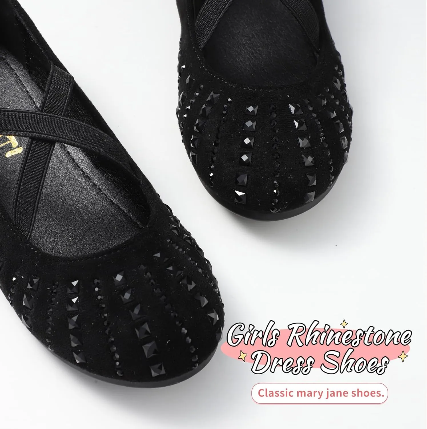 Toddler Girls Dress Shoes Sparkle Rhinestone Flower Girls Mary Jane Slip-On Ballet Flats for School, Wedding, Party