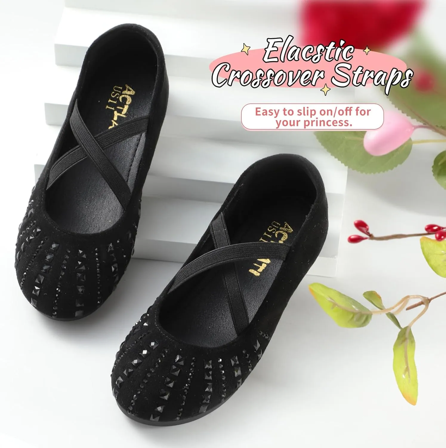 Toddler Girls Dress Shoes Sparkle Rhinestone Flower Girls Mary Jane Slip-On Ballet Flats for School, Wedding, Party