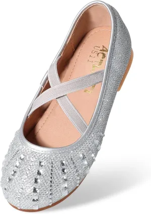 Toddler Girls Dress Shoes Sparkle Rhinestone Flower Girls Mary Jane Slip-On Ballet Flats for School, Wedding, Party