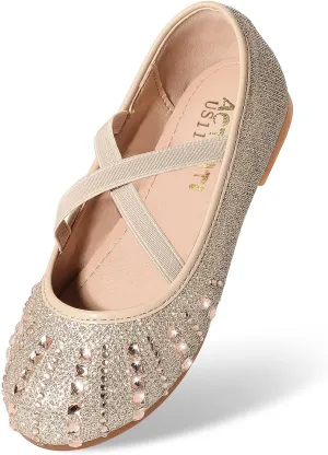 Toddler Girls Dress Shoes Sparkle Rhinestone Flower Girls Mary Jane Slip-On Ballet Flats for School, Wedding, Party