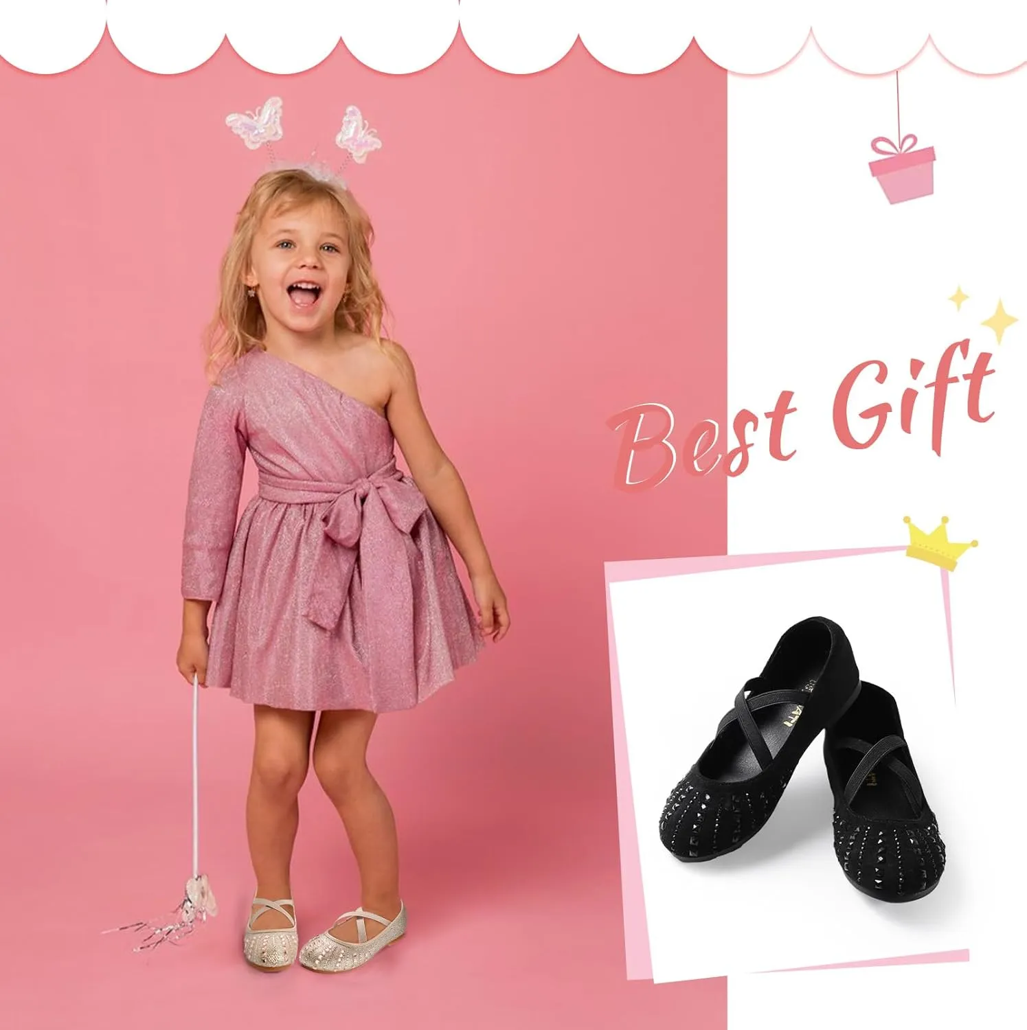 Toddler Girls Dress Shoes Sparkle Rhinestone Flower Girls Mary Jane Slip-On Ballet Flats for School, Wedding, Party