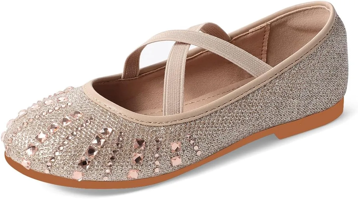 Toddler Girls Dress Shoes Sparkle Rhinestone Flower Girls Mary Jane Slip-On Ballet Flats for School, Wedding, Party
