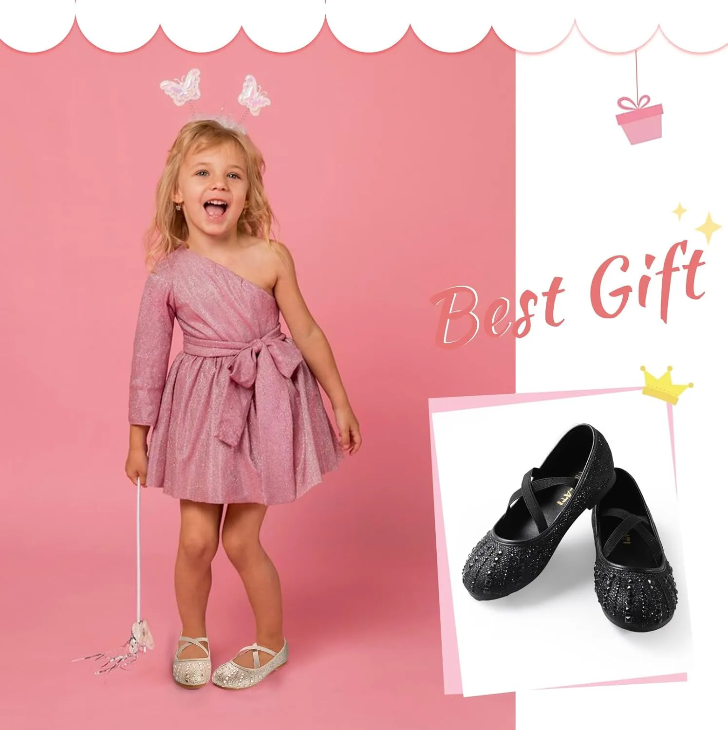 Toddler Girls Dress Shoes Sparkle Rhinestone Flower Girls Mary Jane Slip-On Ballet Flats for School, Wedding, Party