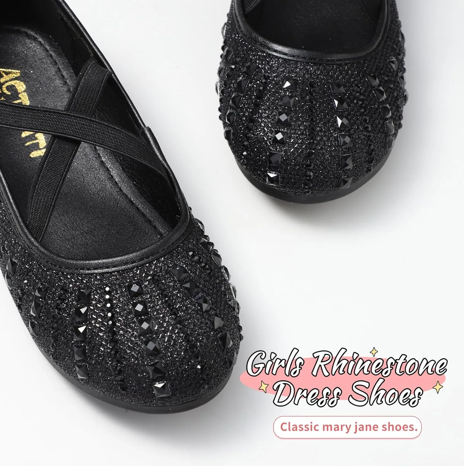 Toddler Girls Dress Shoes Sparkle Rhinestone Flower Girls Mary Jane Slip-On Ballet Flats for School, Wedding, Party
