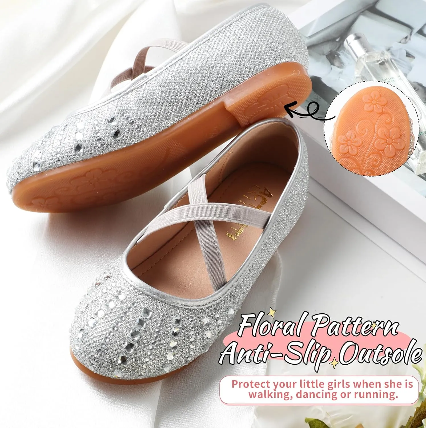 Toddler Girls Dress Shoes Sparkle Rhinestone Flower Girls Mary Jane Slip-On Ballet Flats for School, Wedding, Party