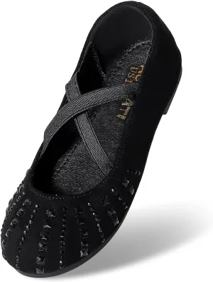 Toddler Girls Dress Shoes Sparkle Rhinestone Flower Girls Mary Jane Slip-On Ballet Flats for School, Wedding, Party