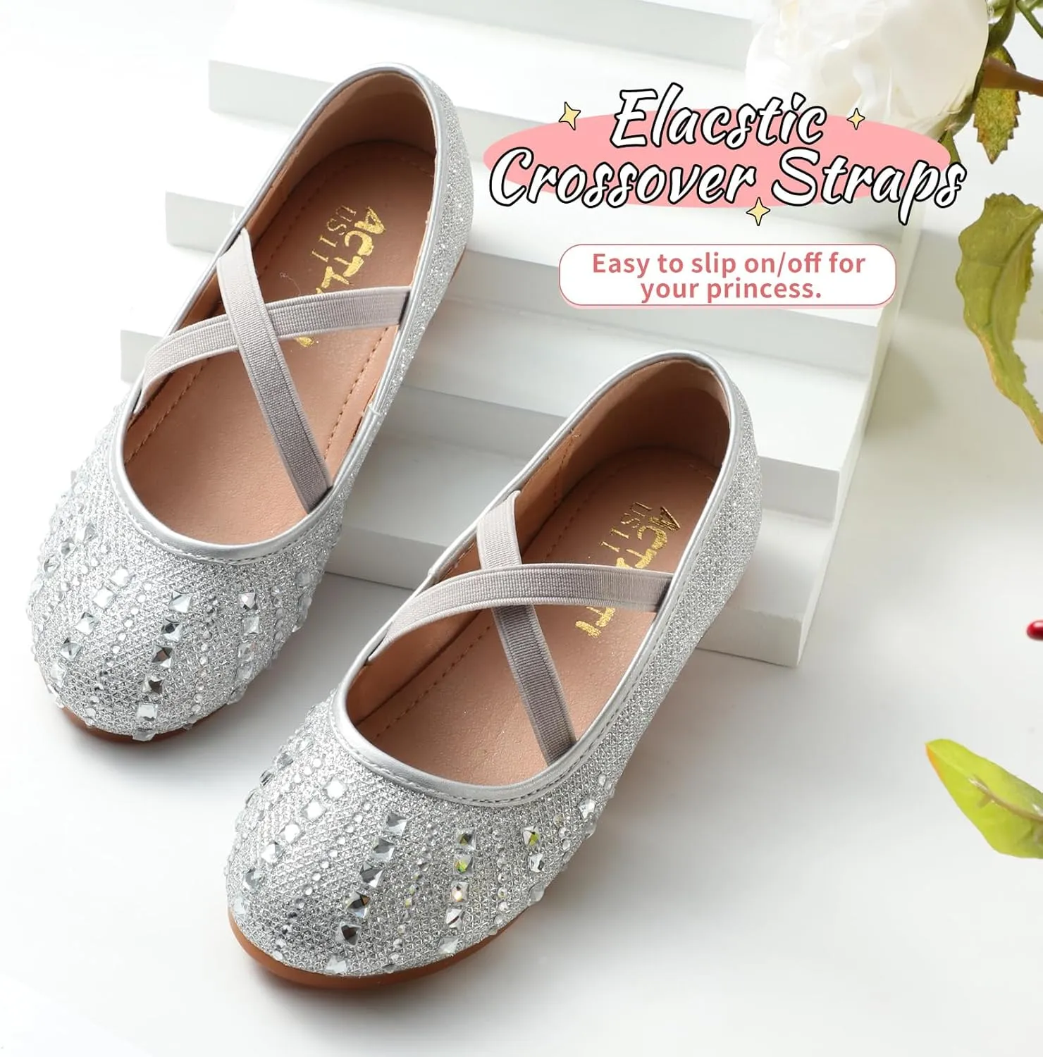 Toddler Girls Dress Shoes Sparkle Rhinestone Flower Girls Mary Jane Slip-On Ballet Flats for School, Wedding, Party