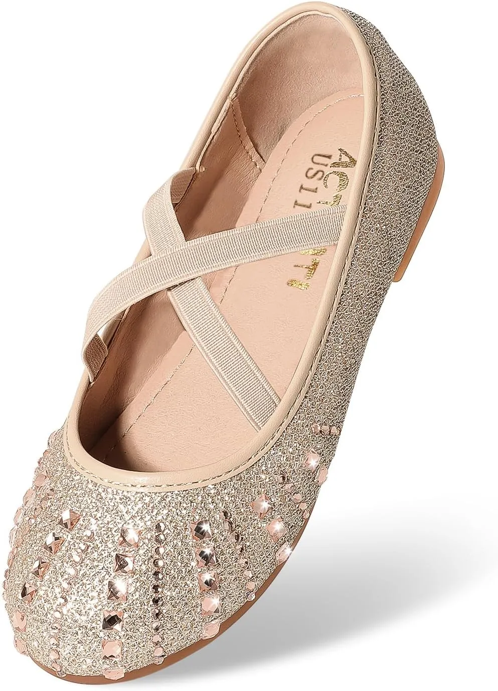 Toddler Girls Dress Shoes Sparkle Rhinestone Flower Girls Mary Jane Slip-On Ballet Flats for School, Wedding, Party