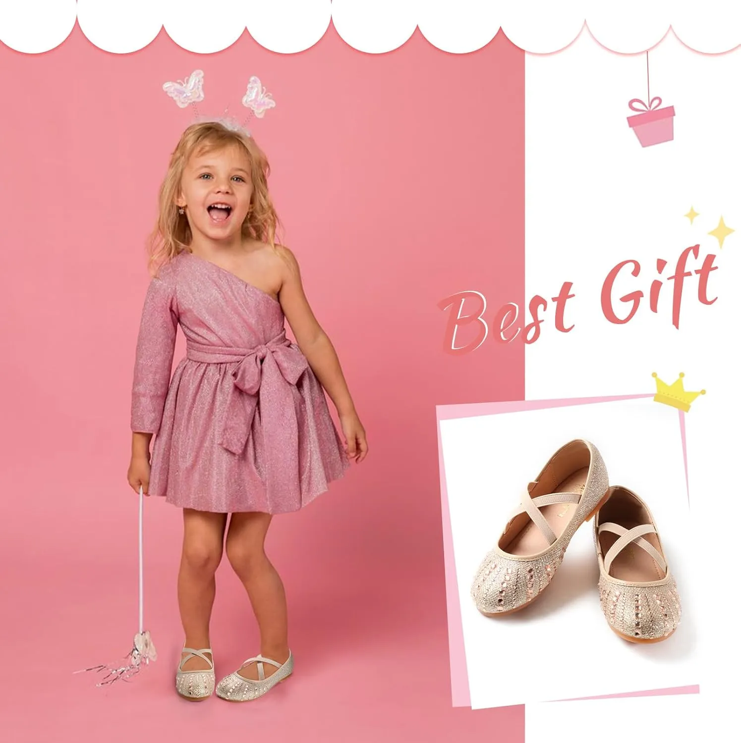 Toddler Girls Dress Shoes Sparkle Rhinestone Flower Girls Mary Jane Slip-On Ballet Flats for School, Wedding, Party