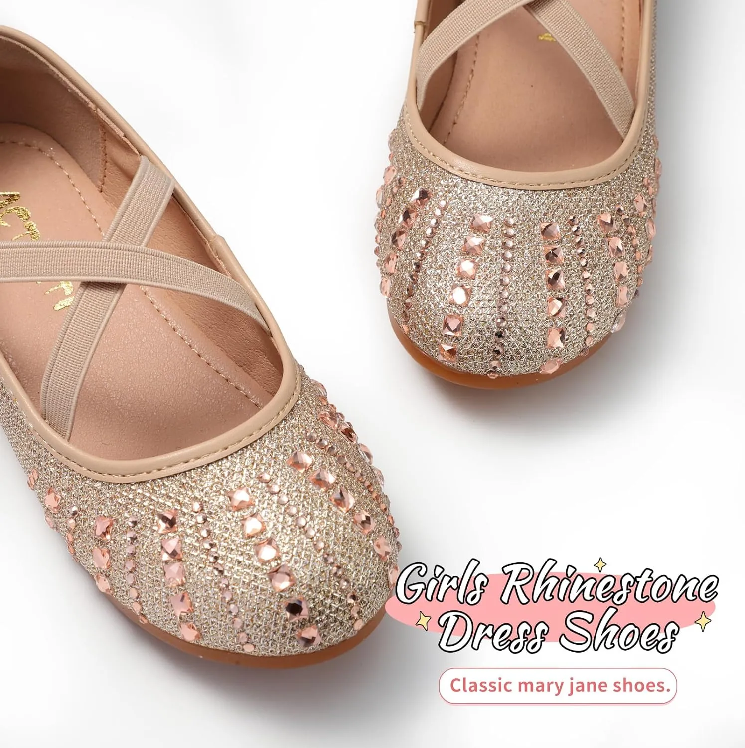 Toddler Girls Dress Shoes Sparkle Rhinestone Flower Girls Mary Jane Slip-On Ballet Flats for School, Wedding, Party