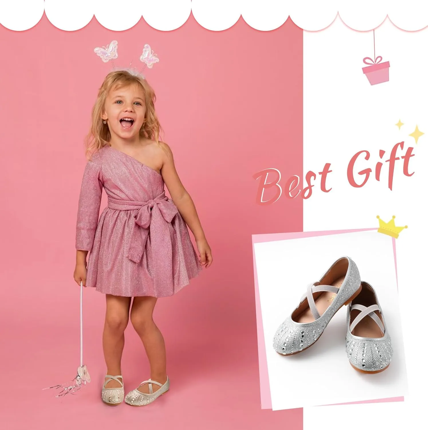 Toddler Girls Dress Shoes Sparkle Rhinestone Flower Girls Mary Jane Slip-On Ballet Flats for School, Wedding, Party