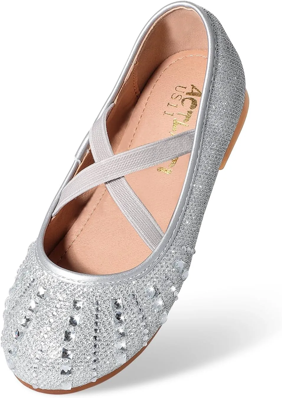 Toddler Girls Dress Shoes Sparkle Rhinestone Flower Girls Mary Jane Slip-On Ballet Flats for School, Wedding, Party
