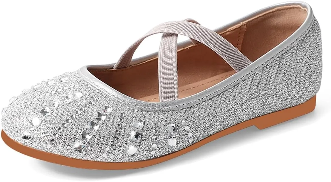 Toddler Girls Dress Shoes Sparkle Rhinestone Flower Girls Mary Jane Slip-On Ballet Flats for School, Wedding, Party