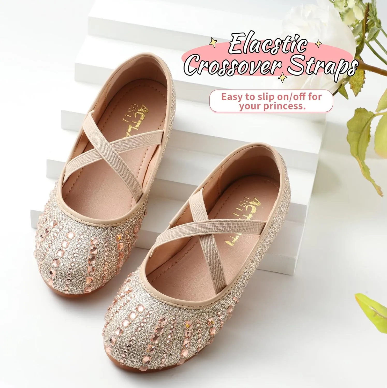 Toddler Girls Dress Shoes Sparkle Rhinestone Flower Girls Mary Jane Slip-On Ballet Flats for School, Wedding, Party