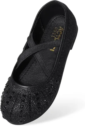 Toddler Girls Dress Shoes Sparkle Rhinestone Flower Girls Mary Jane Slip-On Ballet Flats for School, Wedding, Party