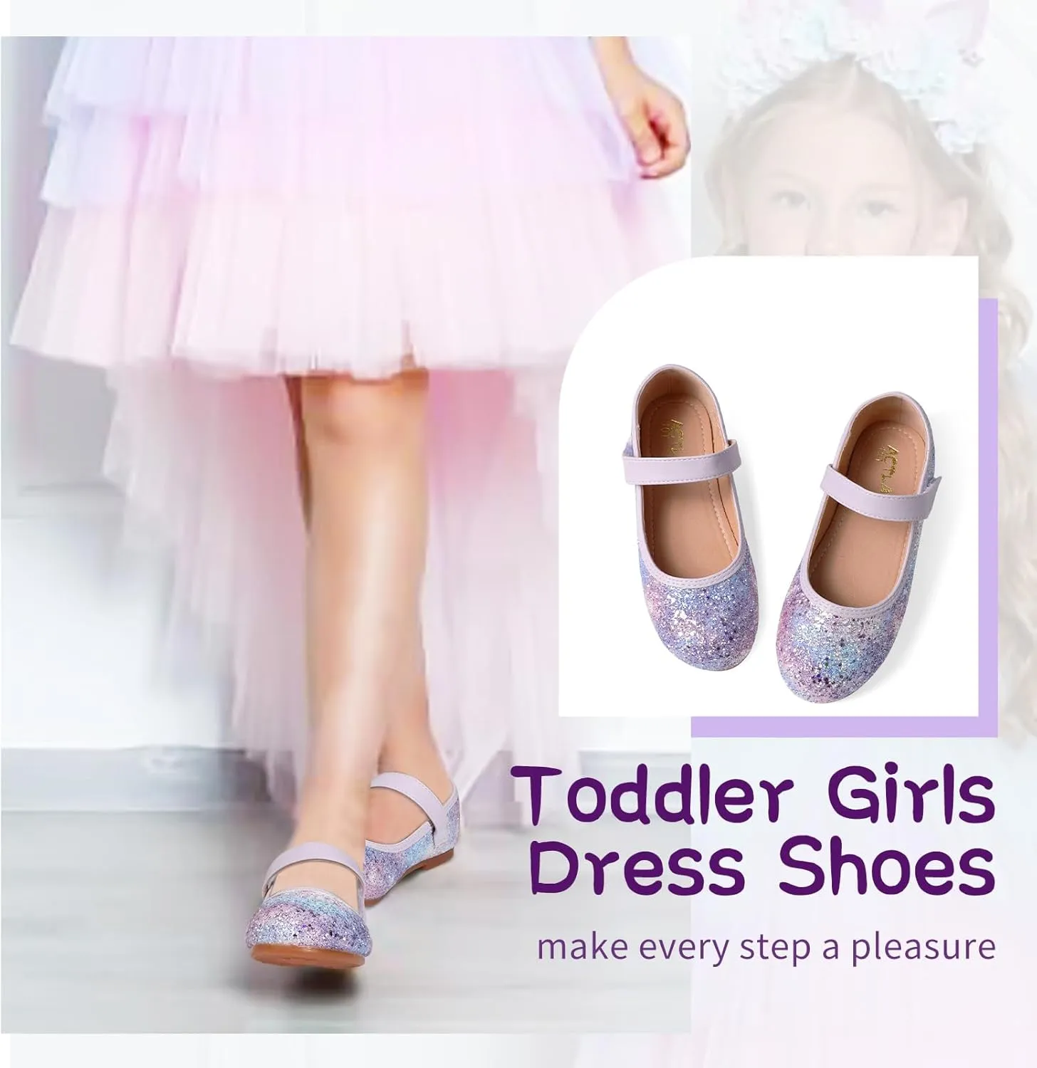 Toddler Girls Mermaid Dress Shoes Glitter Ballet Flats Non-Slip Soft Mary Jane Flower Girl Princess Shoes for School Party Wedding