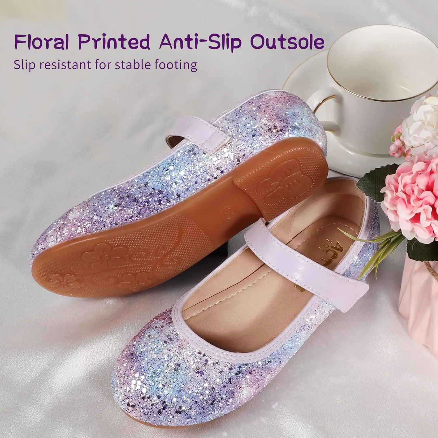 Toddler Girls Mermaid Dress Shoes Glitter Ballet Flats Non-Slip Soft Mary Jane Flower Girl Princess Shoes for School Party Wedding