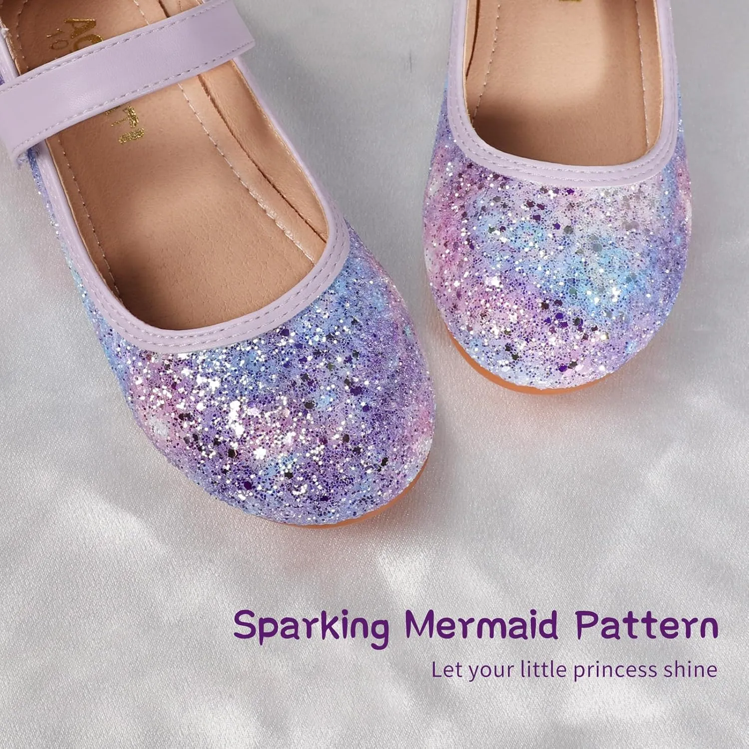 Toddler Girls Mermaid Dress Shoes Glitter Ballet Flats Non-Slip Soft Mary Jane Flower Girl Princess Shoes for School Party Wedding
