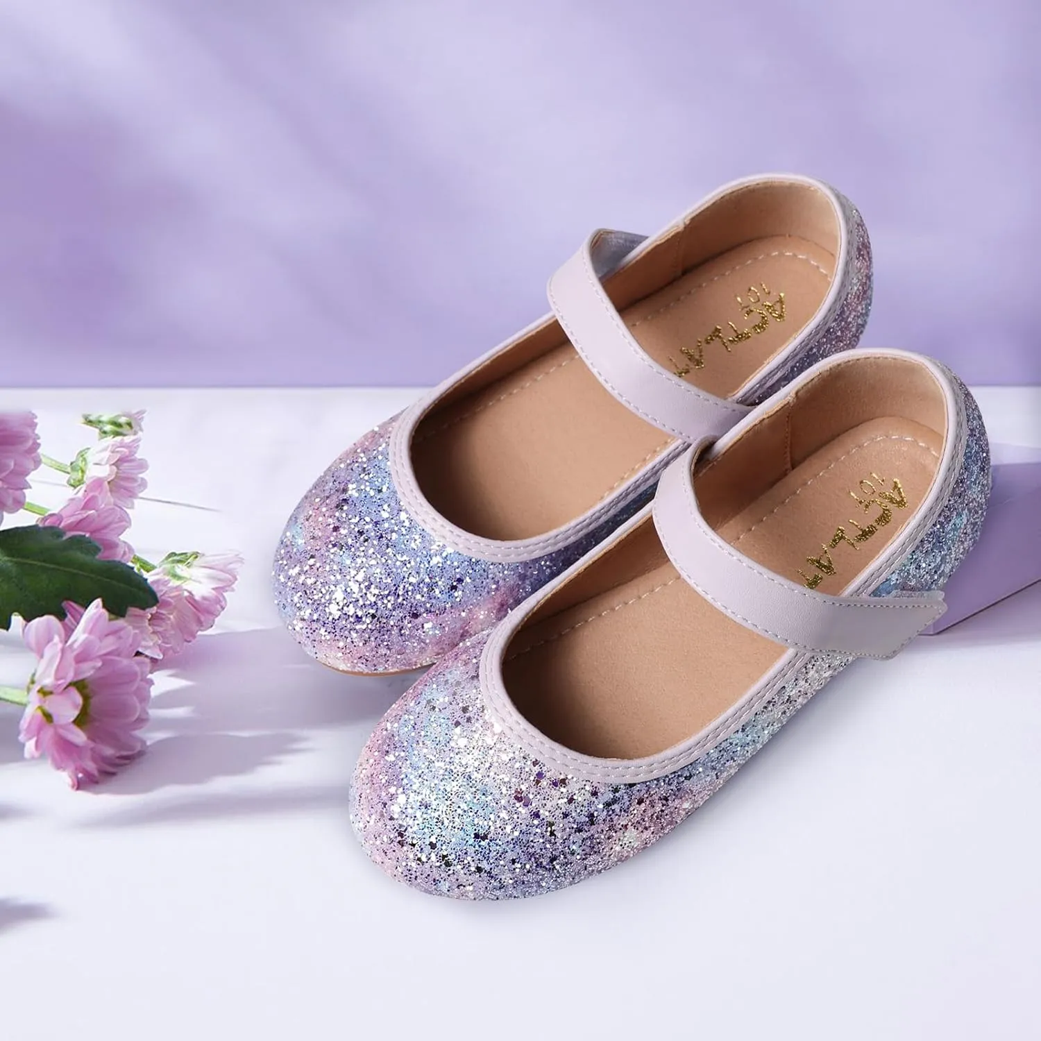 Toddler Girls Mermaid Dress Shoes Glitter Ballet Flats Non-Slip Soft Mary Jane Flower Girl Princess Shoes for School Party Wedding