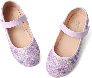 Toddler Girls Mermaid Dress Shoes Glitter Ballet Flats Non-Slip Soft Mary Jane Flower Girl Princess Shoes for School Party Wedding