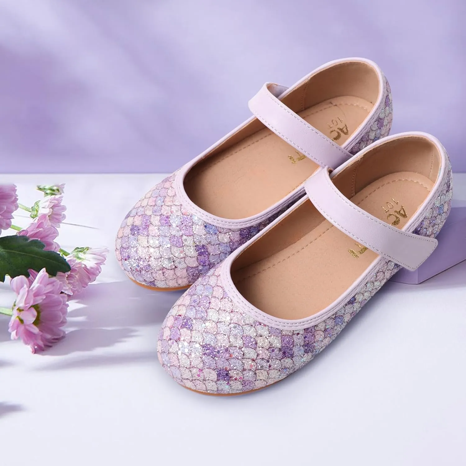 Toddler Girls Mermaid Dress Shoes Glitter Ballet Flats Non-Slip Soft Mary Jane Flower Girl Princess Shoes for School Party Wedding