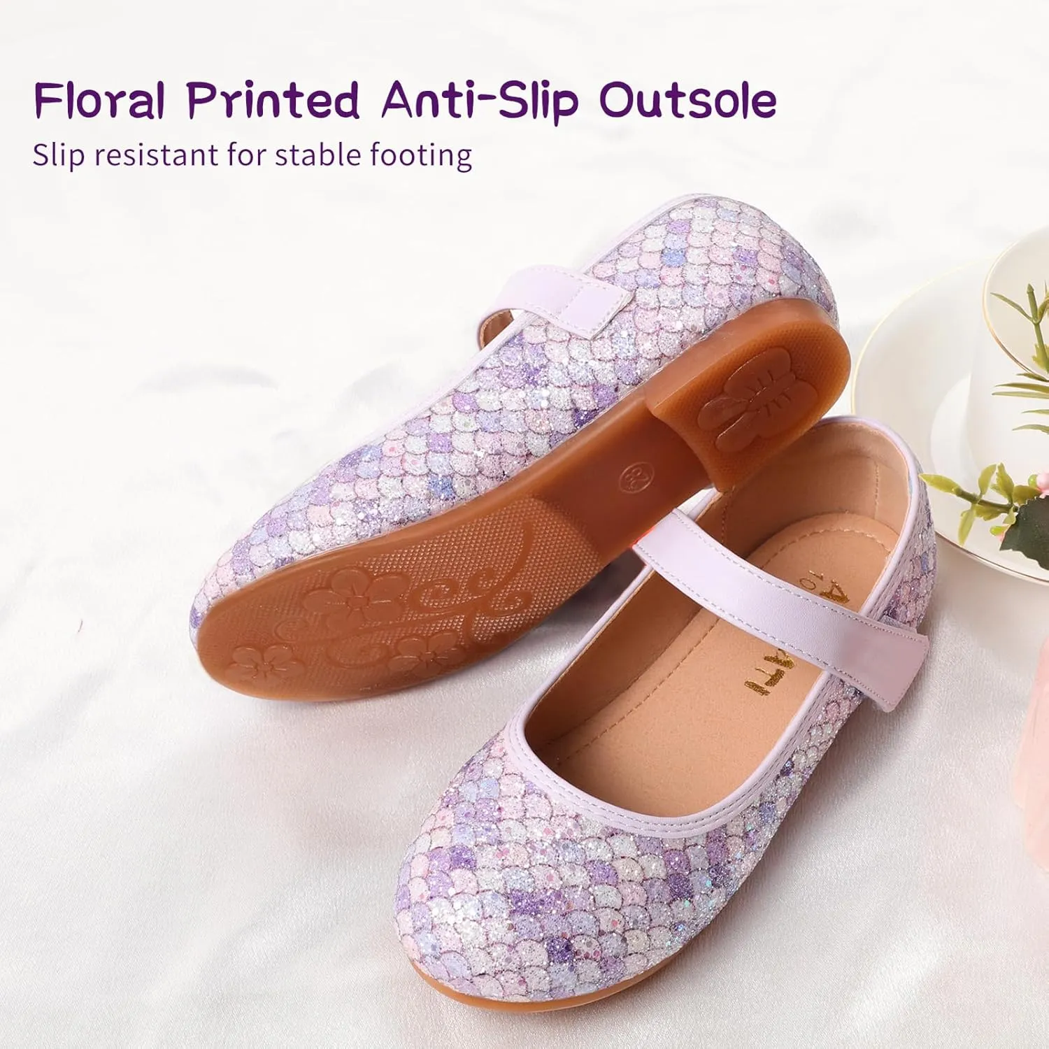 Toddler Girls Mermaid Dress Shoes Glitter Ballet Flats Non-Slip Soft Mary Jane Flower Girl Princess Shoes for School Party Wedding