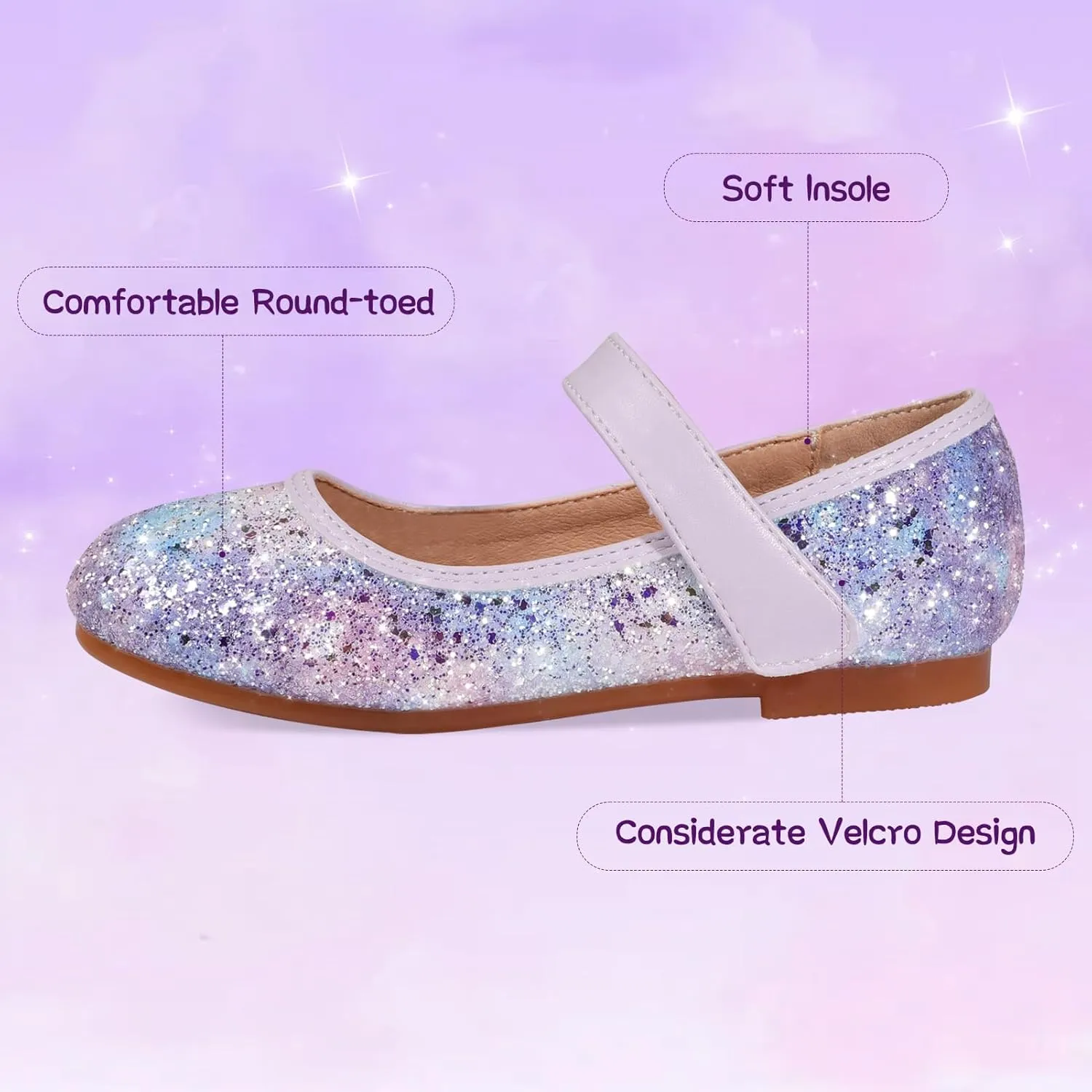 Toddler Girls Mermaid Dress Shoes Glitter Ballet Flats Non-Slip Soft Mary Jane Flower Girl Princess Shoes for School Party Wedding
