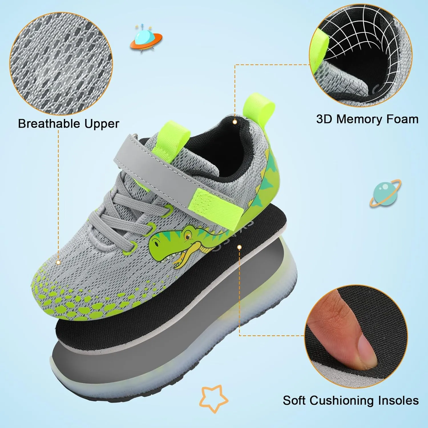 Toddler Sneakers Light Up Shoes for Boy Girl with Hook and Loop Comfortable Led Shoes Non-Slip Dinosaur Shark Shoes Little Kid