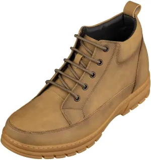 TOTO Men's Invisible Height Increasing Elevator Shoes - Khaki Premium Leather Lace-up Hiking-Style Boots - 2.8 Inches Taller - K11552 - Size 7 D(M) US
