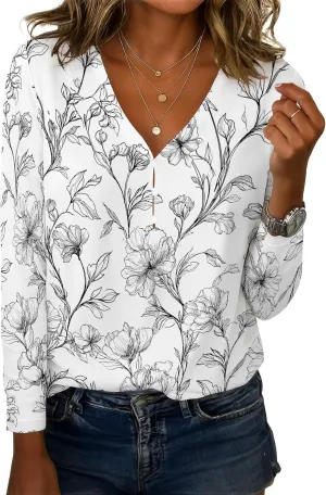 Tunic Tops for Women Linen Blend Button Boho Floral Printed V-Neck Vintage Long Sleeve T Shirts Summer Vacation Blouse