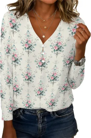 Tunic Tops for Women Linen Blend Button Boho Floral Printed V-Neck Vintage Long Sleeve T Shirts Summer Vacation Blouse