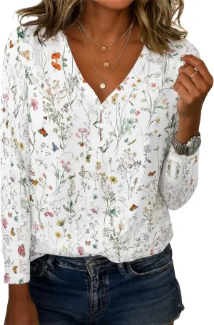Tunic Tops for Women Linen Blend Button Boho Floral Printed V-Neck Vintage Long Sleeve T Shirts Summer Vacation Blouse