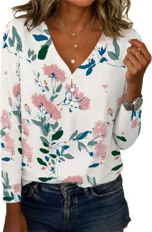 Tunic Tops for Women Linen Blend Button Boho Floral Printed V-Neck Vintage Long Sleeve T Shirts Summer Vacation Blouse