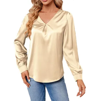 v Neck Tops for Women Satin Pleated Loose Solid Long Sleeve Blouse Lightweight Comfy Flowy Shirts Fall Spring Clothes