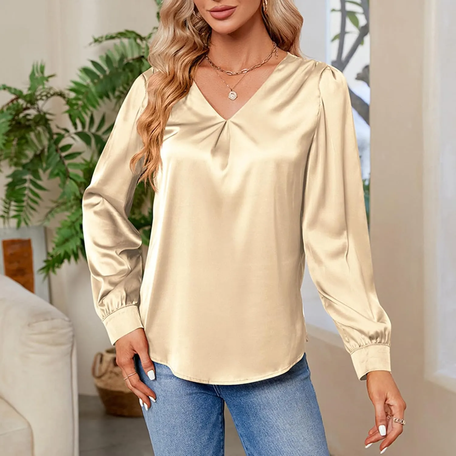 v Neck Tops for Women Satin Pleated Loose Solid Long Sleeve Blouse Lightweight Comfy Flowy Shirts Fall Spring Clothes