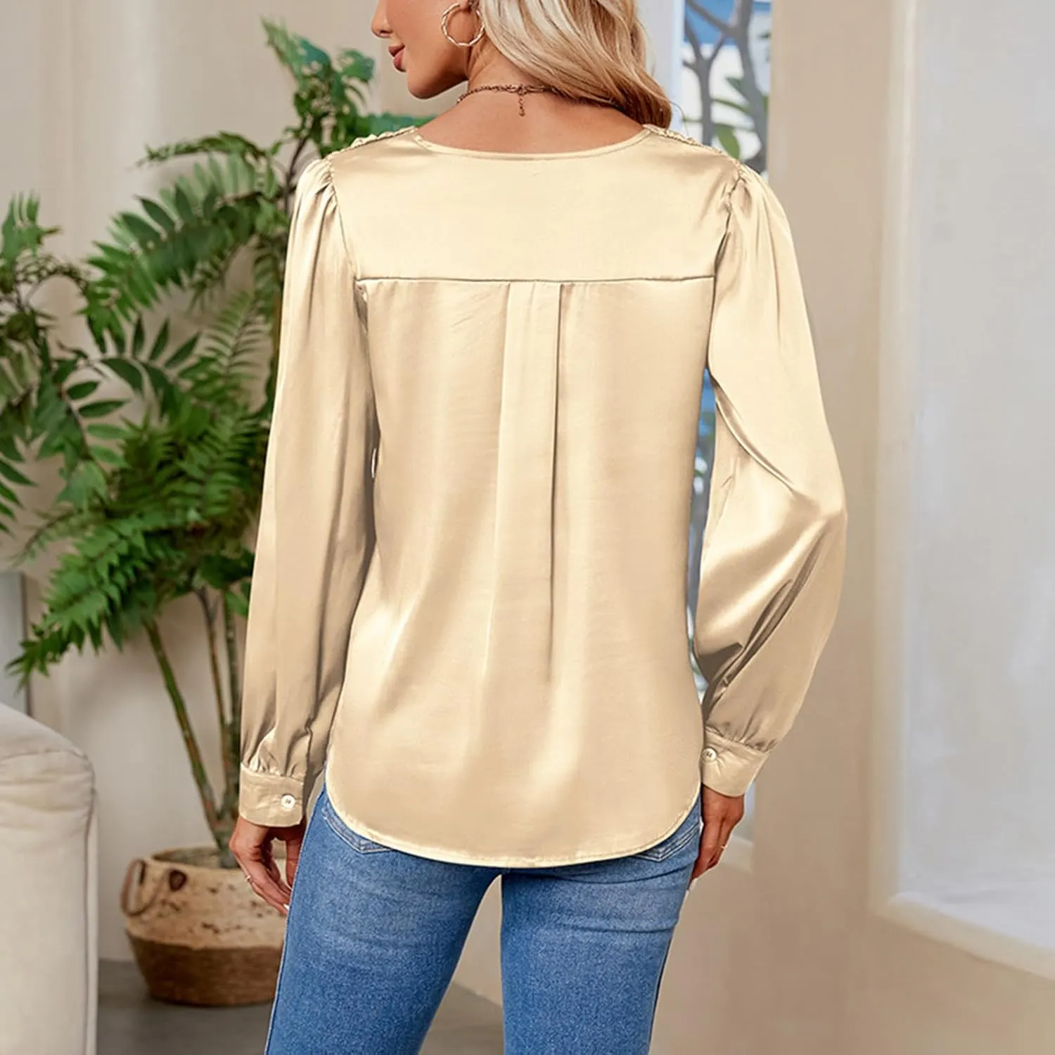 v Neck Tops for Women Satin Pleated Loose Solid Long Sleeve Blouse Lightweight Comfy Flowy Shirts Fall Spring Clothes