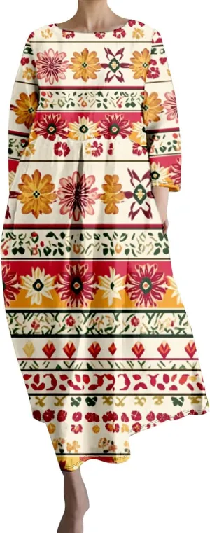Vintage Floral Print Linen Midi Dress for Women 3/4 Sleeve Dresses with Pocket Summer Loose Boho Floral Dresses