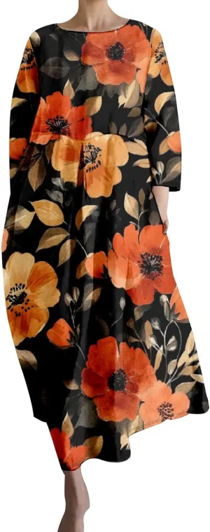 Vintage Floral Print Linen Midi Dress for Women 3/4 Sleeve Dresses with Pocket Summer Loose Boho Floral Dresses