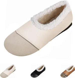 Warm Winter Leather Shoes for Women Shoes with Fuzzy Inside Women Suede Comfortable Slip on Shoes Indoor Outdoor Flats Walking Casual Shoes