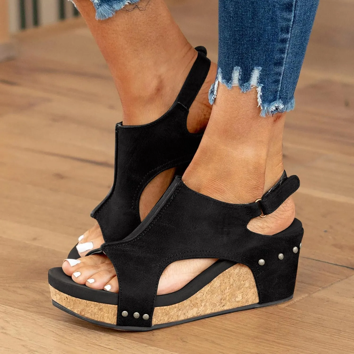 Wedges Heels for Women Dressy, Women's Cork Platform Wedge Sandals Low Heel Open Toe Ankle Strap Comfortable Orthopedic Wedges Ladies Casual Summer Shoes (a-Black, 9.5)