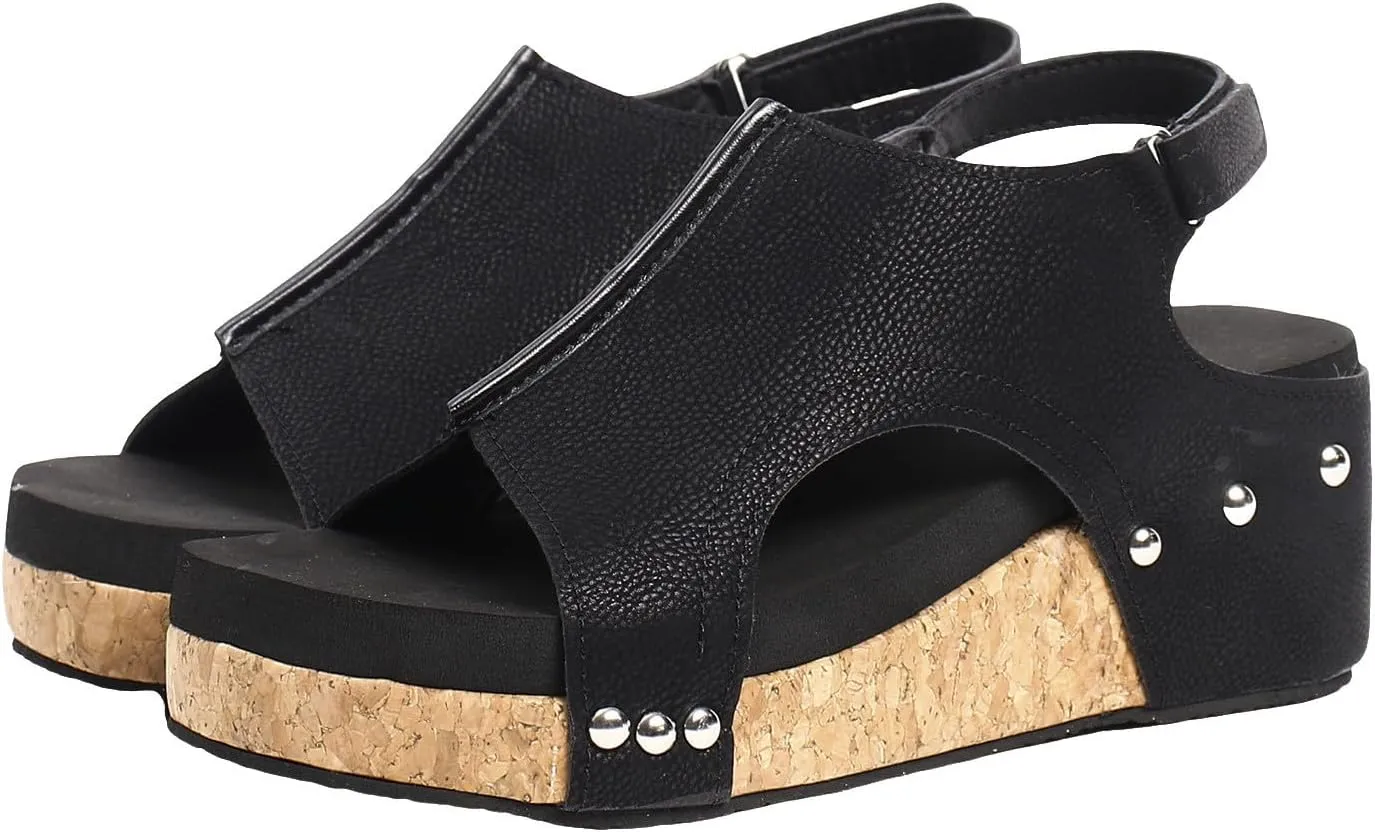 Wedges Heels for Women Dressy, Women's Cork Platform Wedge Sandals Low Heel Open Toe Ankle Strap Comfortable Orthopedic Wedges Ladies Casual Summer Shoes (a-Black, 9.5)