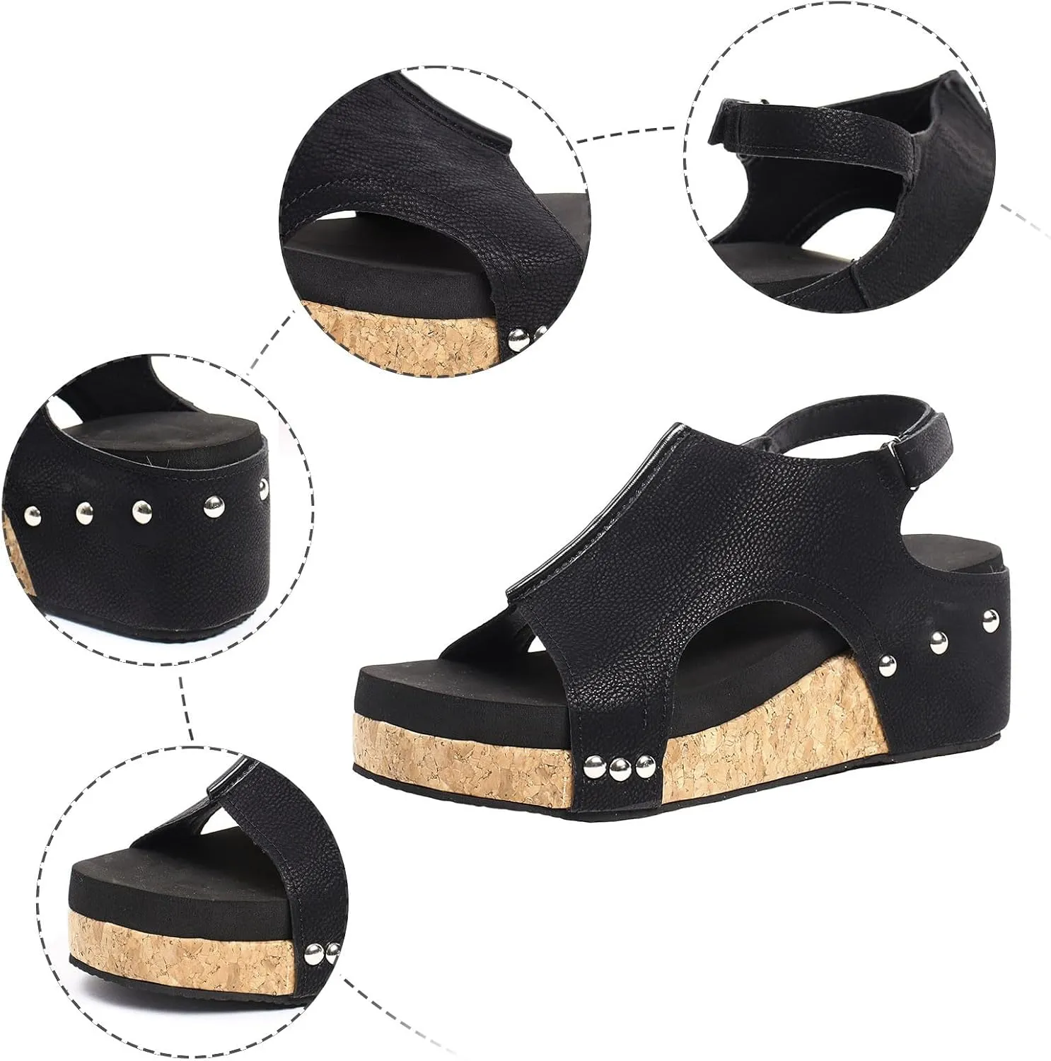 Wedges Heels for Women Dressy, Women's Cork Platform Wedge Sandals Low Heel Open Toe Ankle Strap Comfortable Orthopedic Wedges Ladies Casual Summer Shoes (a-Black, 9.5)