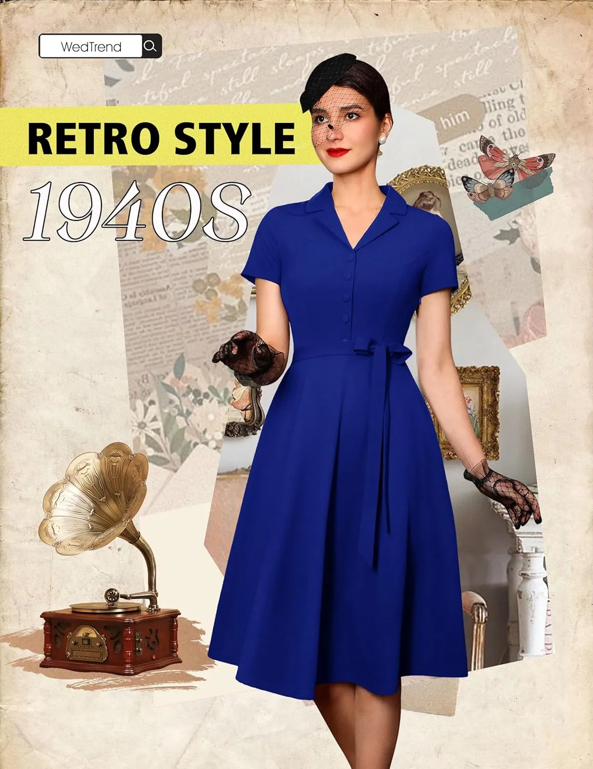 Wedtrend Women's Vintage Tea Dress, Short Sleeve Cocktail Party Dress Work Church Casual Dress