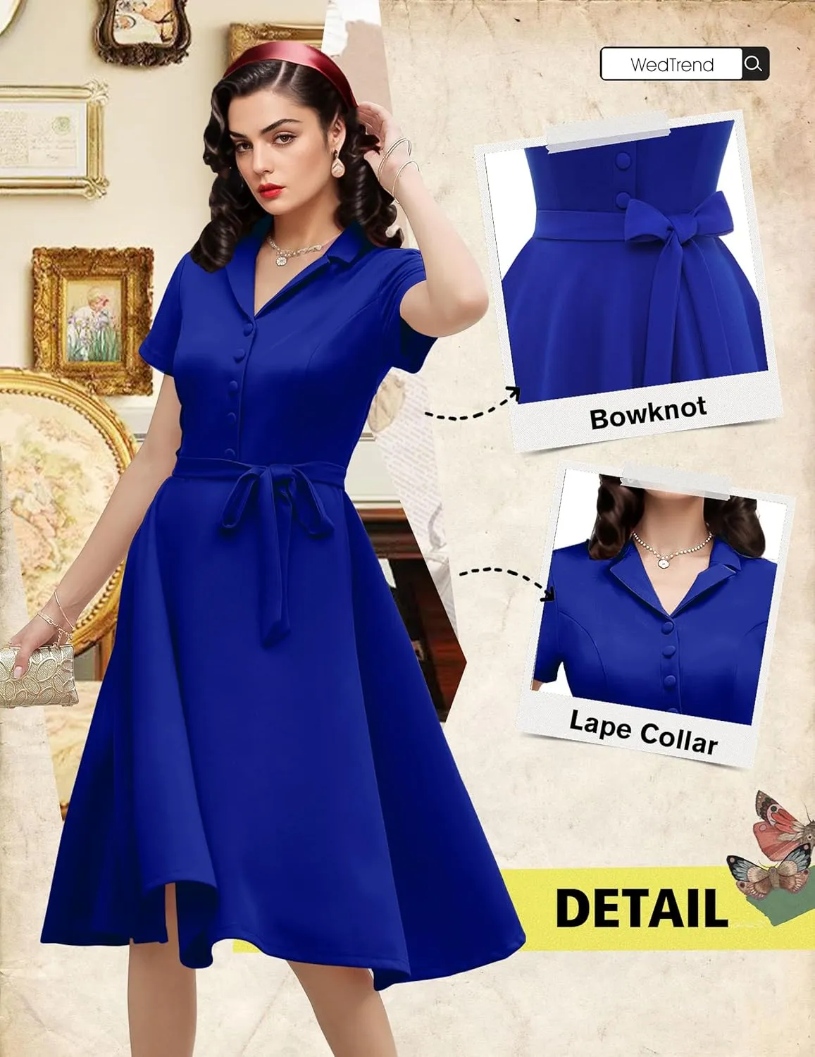 Wedtrend Women's Vintage Tea Dress, Short Sleeve Cocktail Party Dress Work Church Casual Dress
