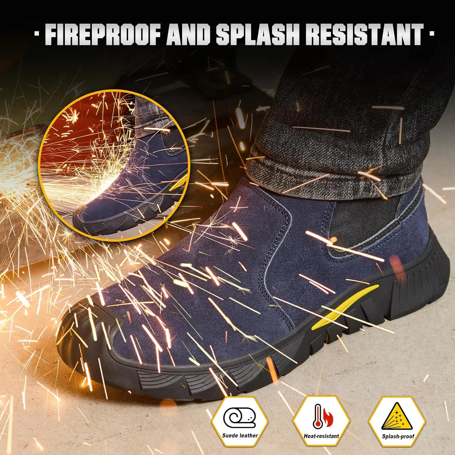 Welding Work Boots for Men Slip on Steel Toe Shoes for Men Soft Comfortable Safety Boots Mens Work Boots Indestructible Puncture Proof Construction Boots for Men Safety Toe Footwear for Welder