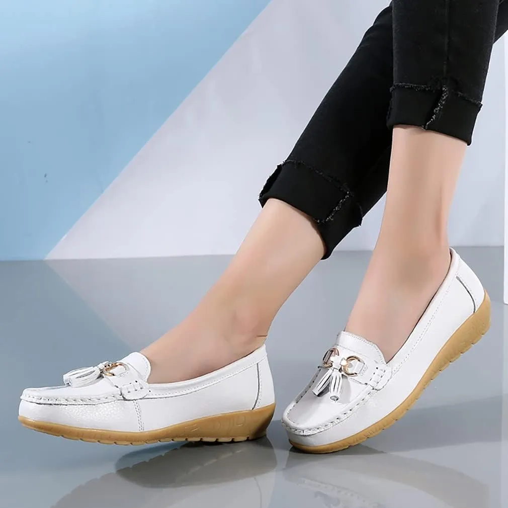 WERWAES Ladies Casual Round Head Moccasin Shoes Comfortable Leather Breathable Loafers Walking Nurse Driving Fashion Soft Shoes Work Shoes