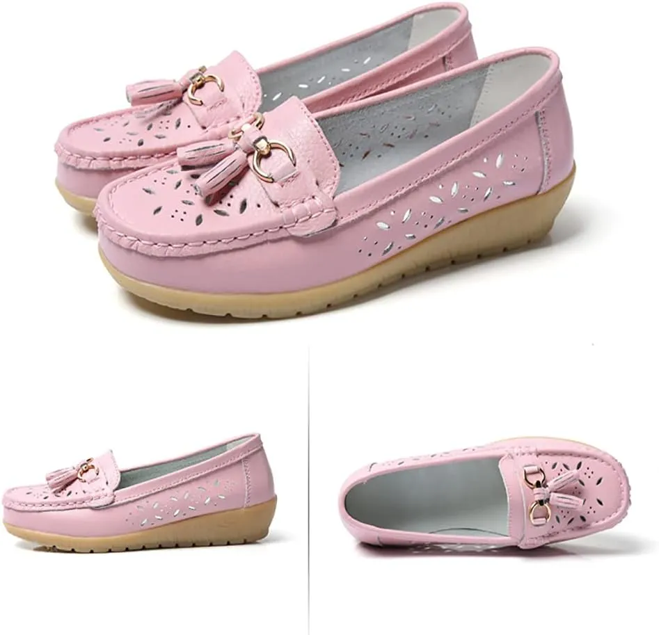 WERWAES Ladies Casual Round Head Moccasin Shoes Comfortable Leather Breathable Loafers Walking Nurse Driving Fashion Soft Shoes Work Shoes