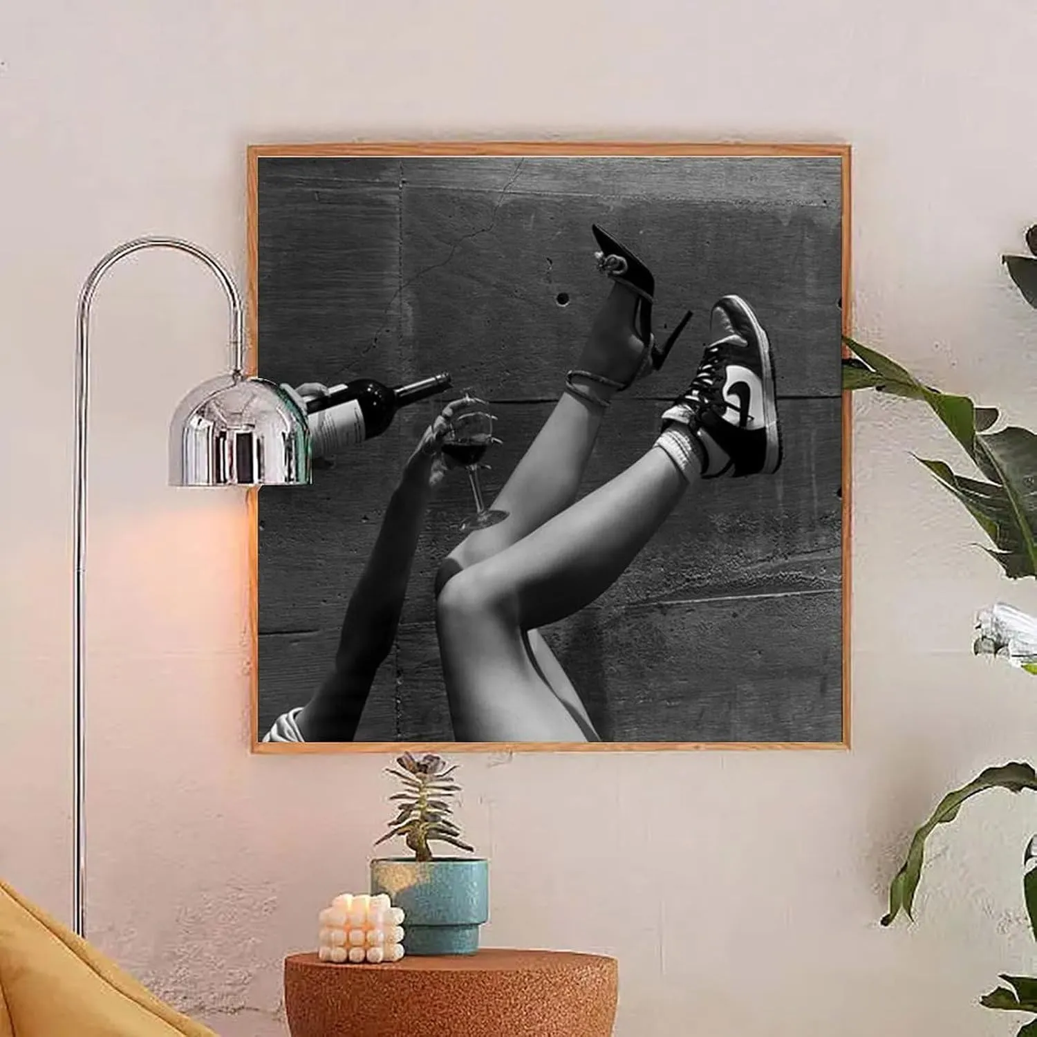 Woman Drinking Wine in Sneakers, Feminist Poster, Bar Cart, Black And White Canvas Poster Wall Art Decor Print Picture Paintings for Living Room Bedroom Decoration Unframe-style 20x20inch(50x50cm)