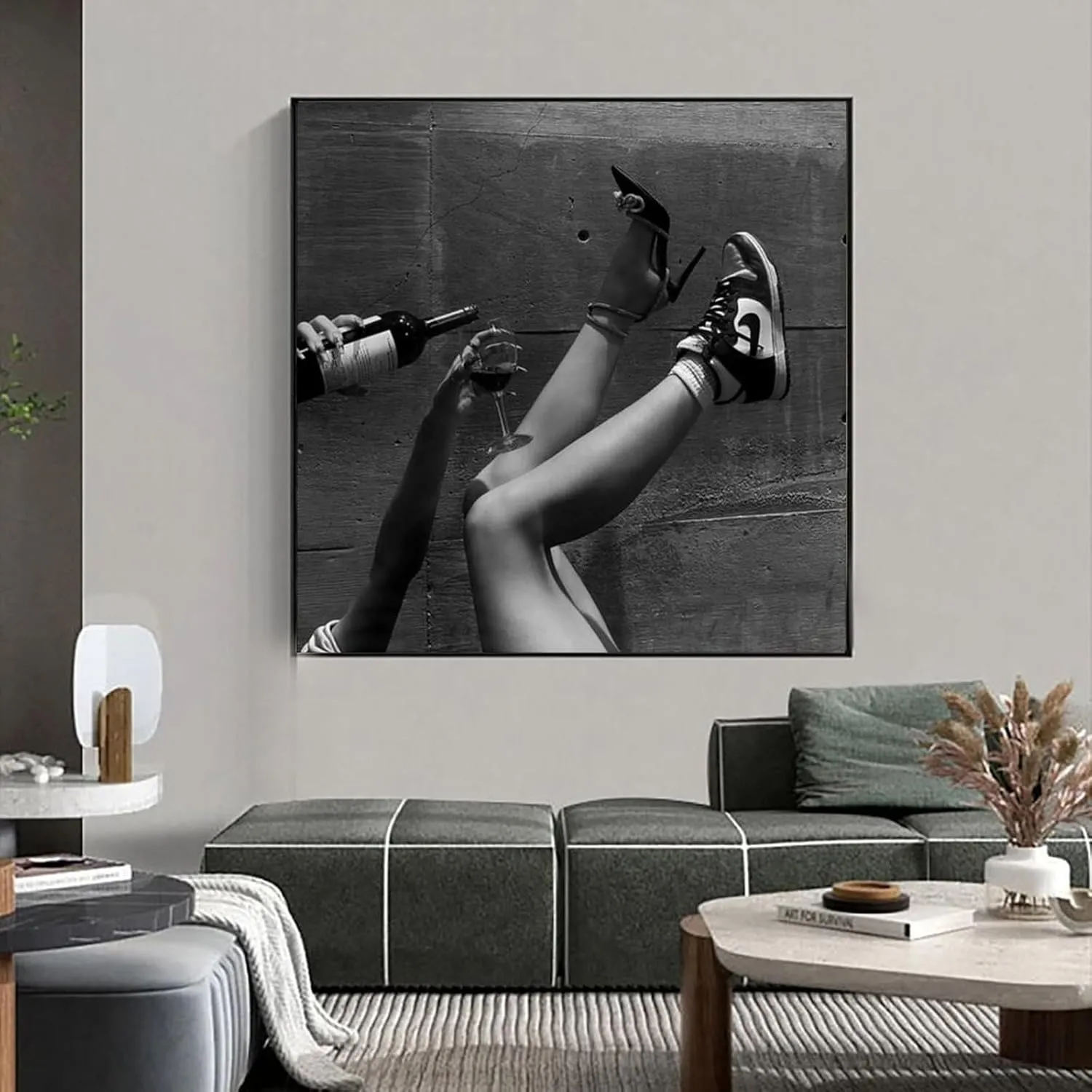 Woman Drinking Wine in Sneakers, Feminist Poster, Bar Cart, Black And White Canvas Poster Wall Art Decor Print Picture Paintings for Living Room Bedroom Decoration Unframe-style 20x20inch(50x50cm)